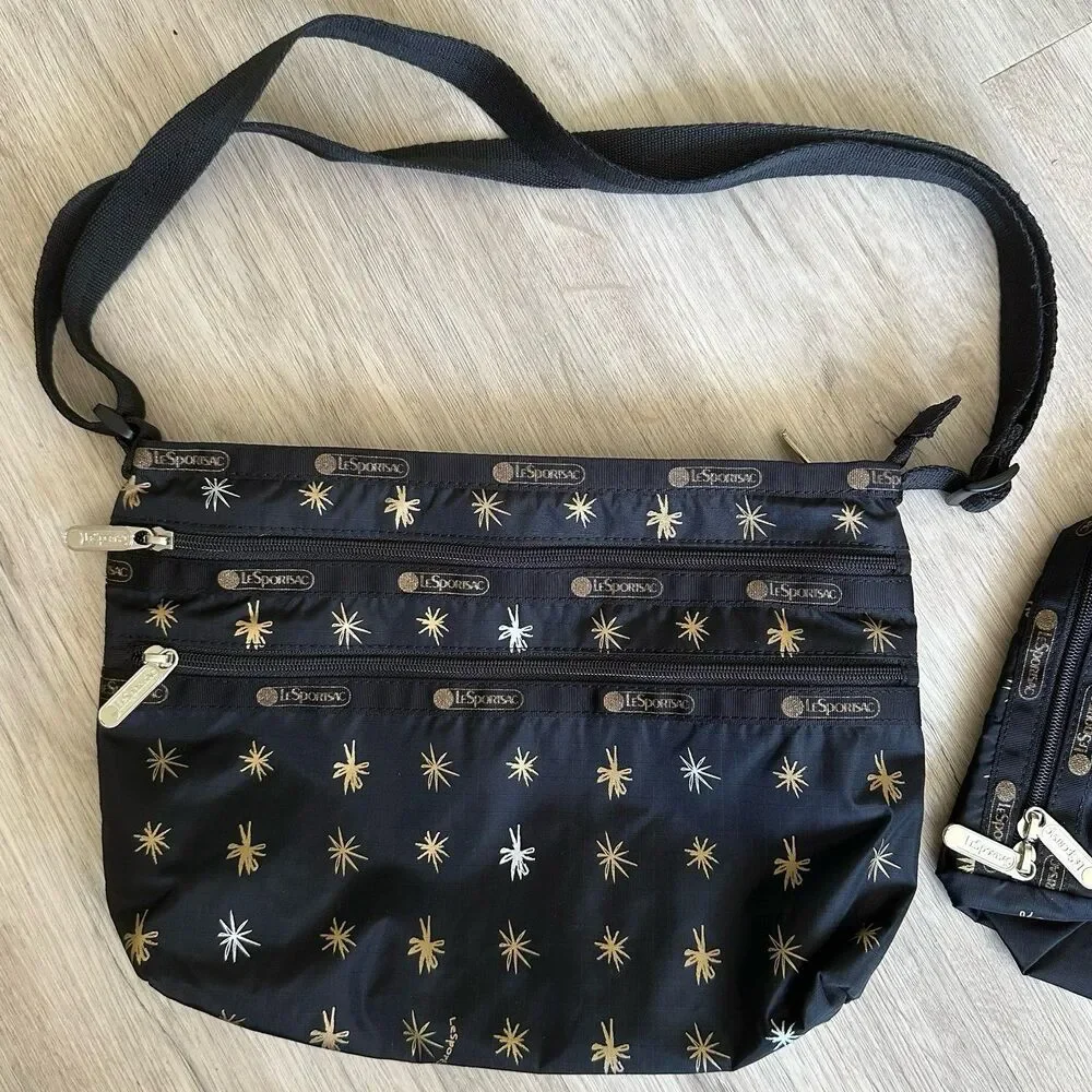 LeSportSac Crossbody Purse & Bag Set Starlet Print Black Metallic Freehand Stars - Picture 3 of 10